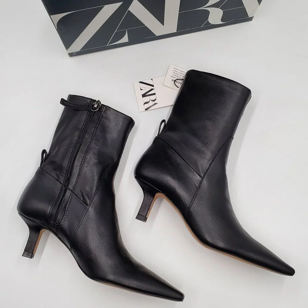 Zara Black Leather Kitten Heel Booties - NWT - Picture 5 of 16
